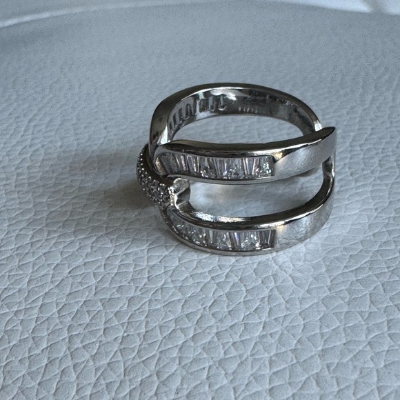 Silver and Diamond Baguette Geometric Statement Ring Adjustable New - Picture 6 of 9